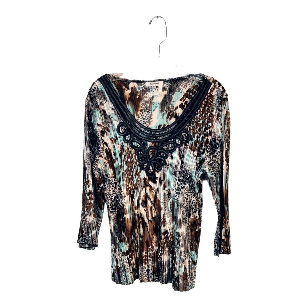 Appraisal Women's Pleated 3/4 Sleeve Blouse Stretchy size L Blue/Brown/black